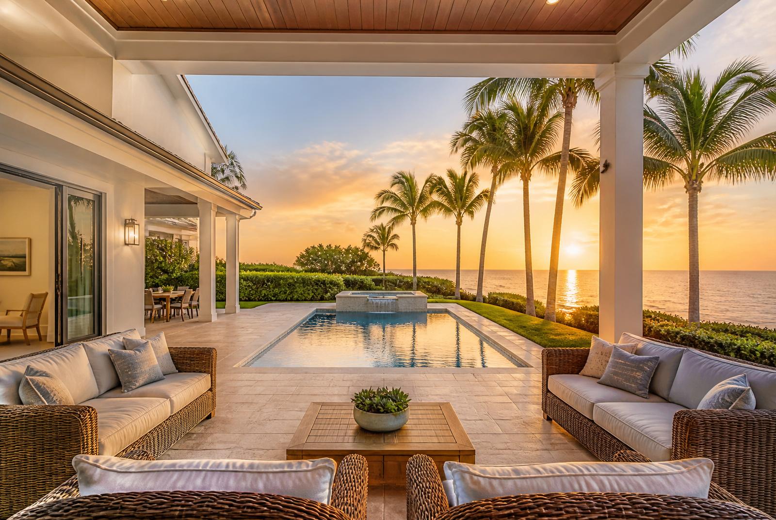 Golden-hour poolside patio overlooking the Gulf