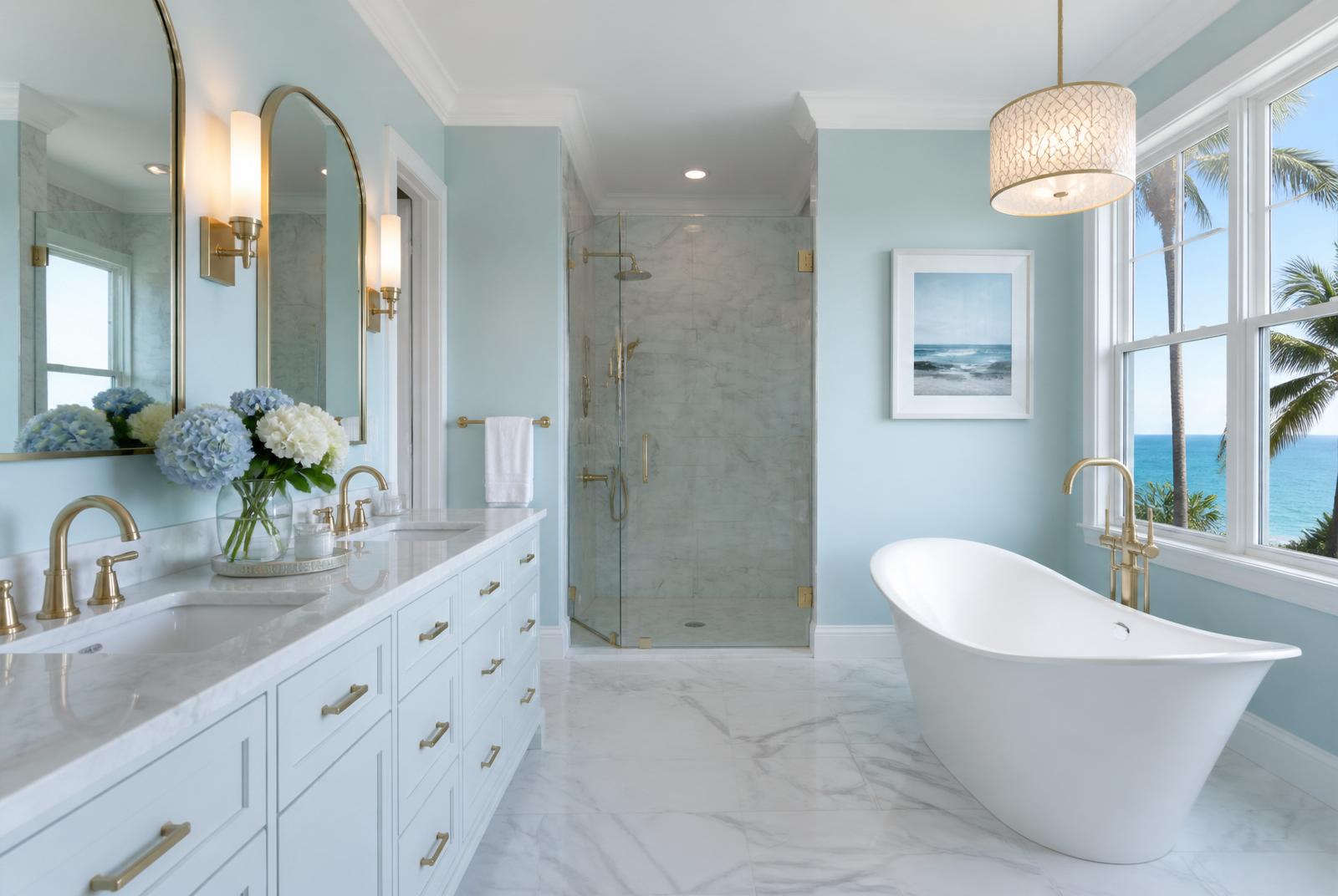 Luxury coastal bathroom with marble and brass