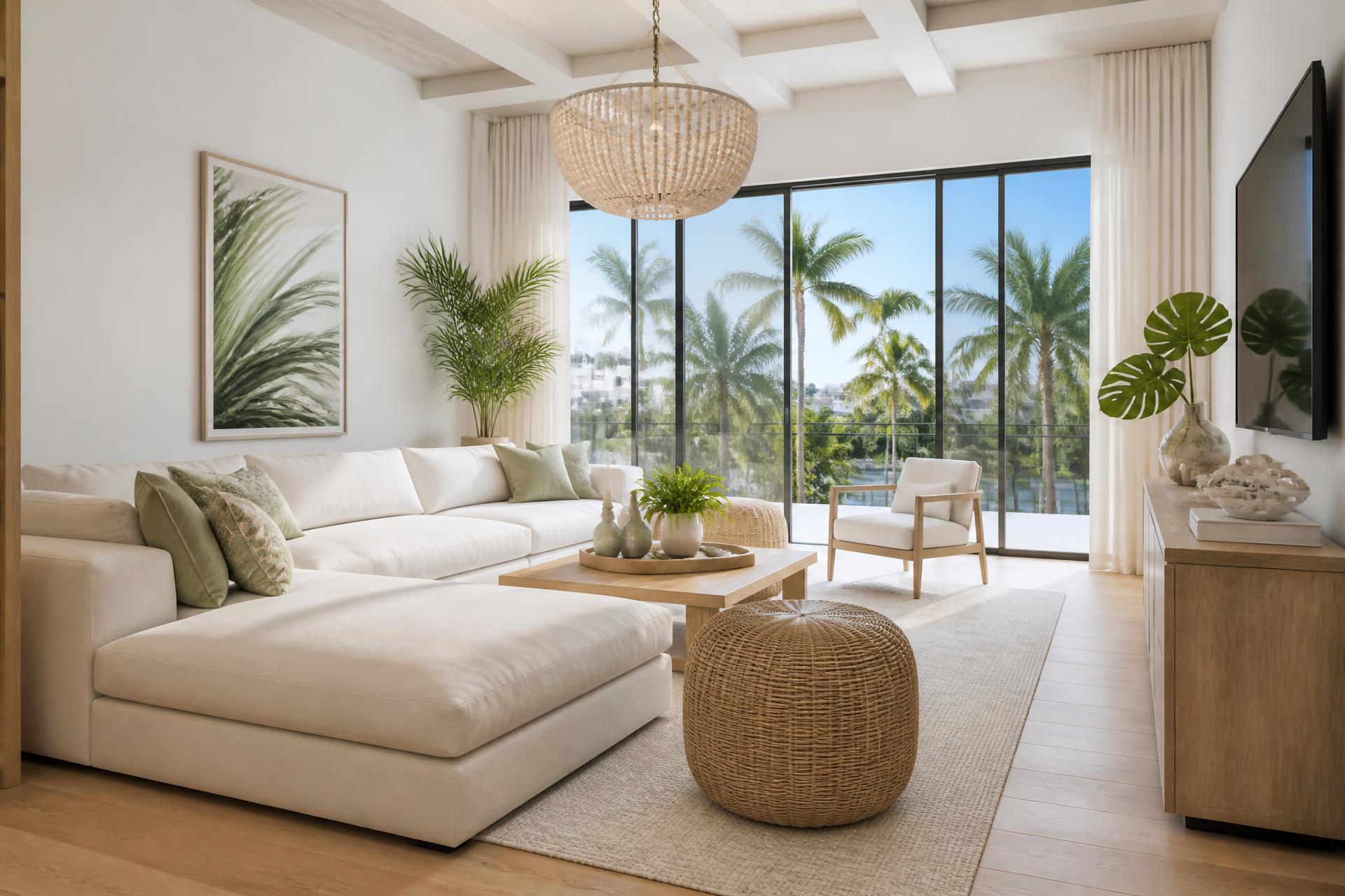 Sunlit, spotless luxury Florida living room with palm views
